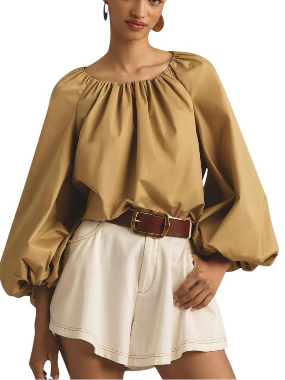 NWT Anthropologie Mare Mare Beige Poplin Long Puff Sleeve Crewneck Blouse - S